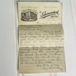 Antique Shenandoah Hotel Roanoke VA Letterhead Handwritten Vintage 1900s